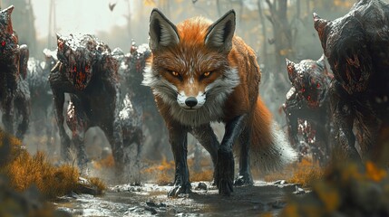 Fototapeta premium Red Fox Leads Pack Of Dark Creatures Through Swamp