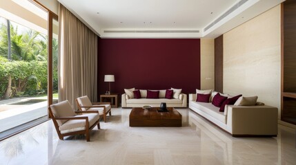 Fototapeta premium Modern Indian Interior: Minimal Living Space with Maroon Accent Wall, Contemporary Lounge Chairs, and Cinematic Ambiance