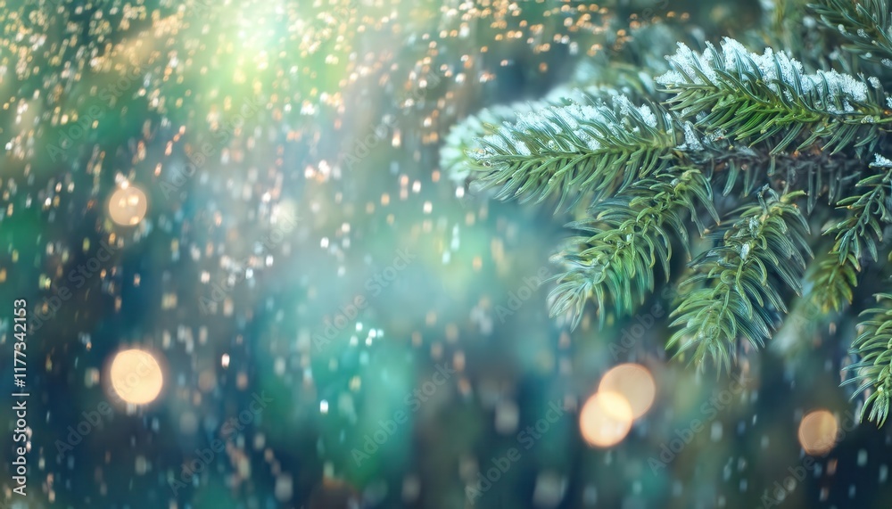 Aufkleber snow dusted evergreen pine branches glowing in winter sunlight with festive bokeh background perfect