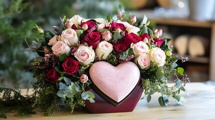 A romantic Valentine's Day arrangement with a heart-shaped box and roses