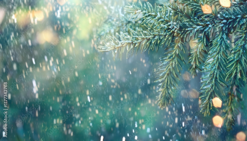 Aufkleber snow dusted evergreen pine branches glowing in winter sunlight with festive bokeh background perfect