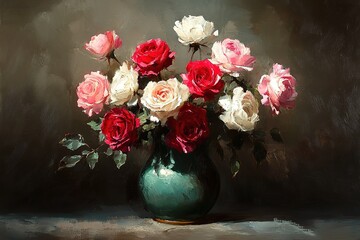 Fototapeta premium Vibrant Roses in Teal Vase, Oil Painting Style