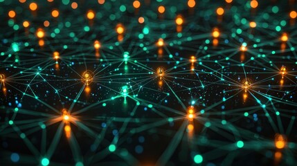 Obraz premium Glowing network nodes connected by lines on dark background with bokeh (1)