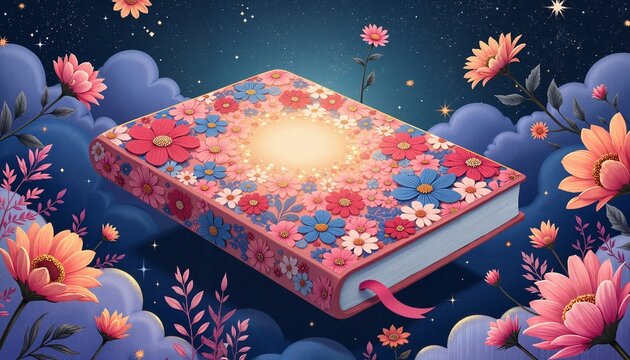 Beautiful pink book adorned with colorful flowers resting on a serene blue background.