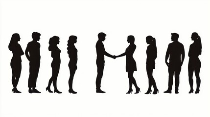 Silhouettes of Diverse People Men and Women Handshake Standing Casual Group