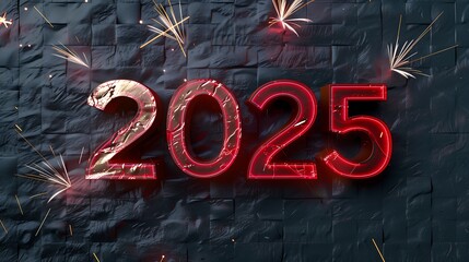 Dynamic 2025 3D text in glowing red and gold hues, framed by bursts of fireworks and swirling ribbon effects. new year celebration 