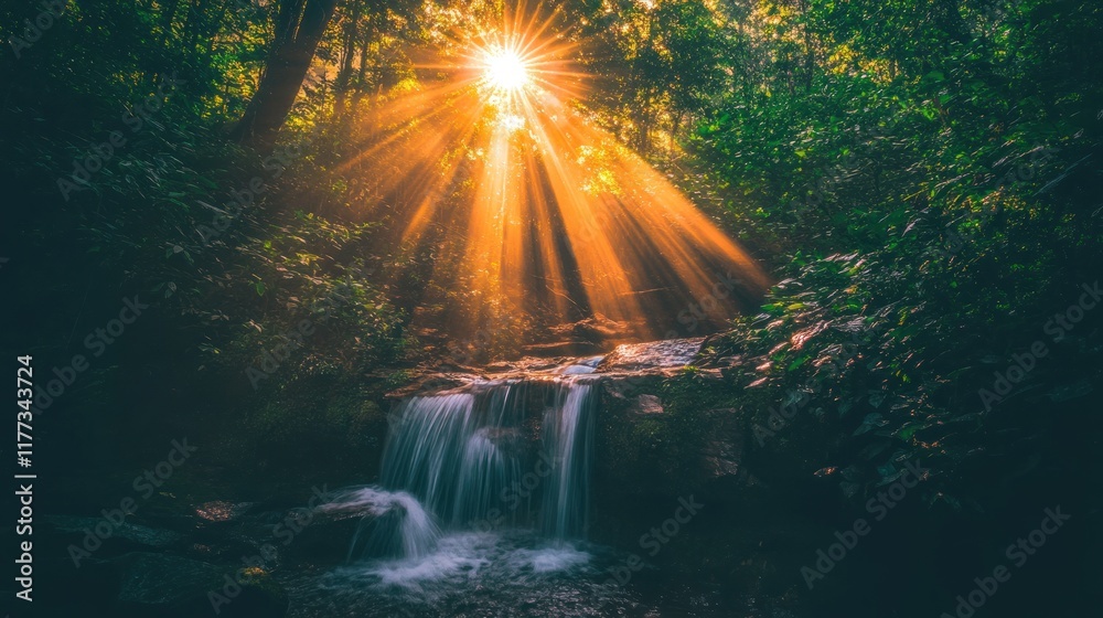 Poster a serene forest scene with sunlight streaming through trees onto a tranquil waterfall.