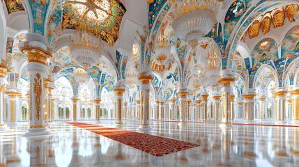 Obraz premium Luxurious ornate mosque interior; grand hall with gold columns, intricate ceiling, and a red carpet. Perfect for design, travel, or religious themes.