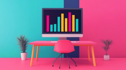 Animated 3D Graph Breaking Through Colorful Digital Display