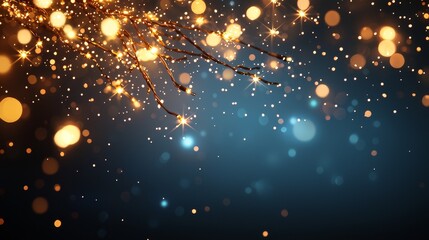 Fototapeta premium Defocused holiday lights gently suspended from a tree, glowing softly against a deep night sky, creating a subtle glittering effect in the darkness