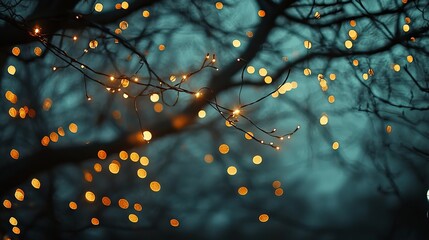 Defocused holiday lights hanging in a tree against a dark sky, creating a soft twinkle of glittery light