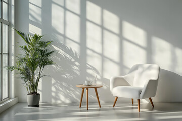Fototapeta premium Minimalist interior featuring a cozy armchair and a side table in an empty space, perfect for a clean design aesthetic