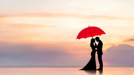 Valentine red velvet affection artistic elegant. A romantic couple embraces under a red umbrella, silhouetted against a serene sunset, capturing a moment of love and intimacy.