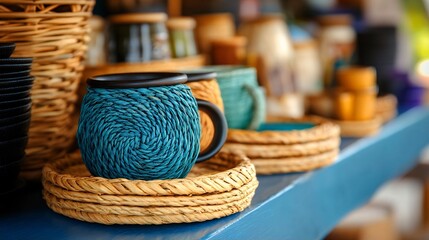 Handwoven Teal Mug on Wicker Coasters Unique Artisan Gift