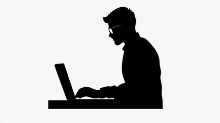 Silhouette of Man Working on Laptop Concentrated Professional Business Concept