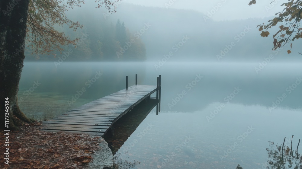 Poster a serene lake scene with a wooden dock shrouded in mist and surrounded by trees.