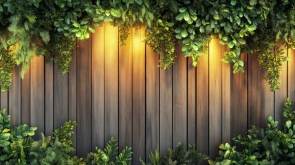 Fototapeta premium Layered Greenery 3D Illustration with Glowing Light on Wooden Panels for Campaigns