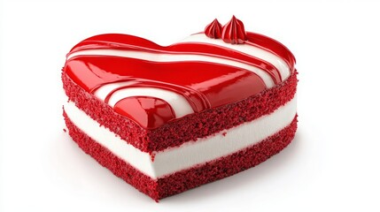 Valentine red velvet affection artistic elegant. A heart-shaped red velvet cake with creamy white icing and decorative red swirls, perfect for celebrations or romantic occasions.