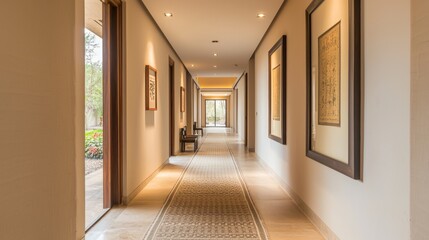 Contemporary Fusion: Indian-Inspired Minimal Corridor with Block-Print Artwork and Recessed Lighting