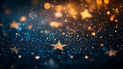 Obraz premium Defocused night sky with sparkling stars forming a delicate glittery pattern, faint nebula in the background, subtle galaxy vibes, serene and ethereal atmosphere