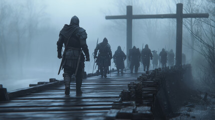 group of warriors crossing wooden bridge shrouded in mist, creating mysterious and intense atmosphere. scene evokes sense of adventure and camaraderie