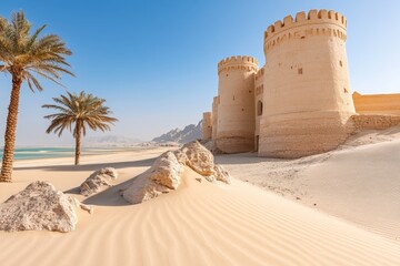 A serene view of the Al Jahili Fort in Al Ain, with its sand-colored walls blending into the desert landscape