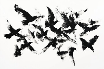 Obraz premium a flock of black birds in flight against a white background
