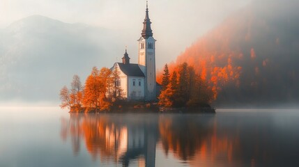 A serene lakeside church surrounded by autumn foliage and misty mountains.