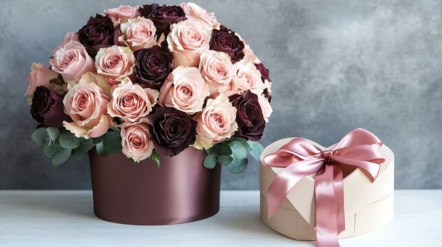 A luxurious bouquet of roses next to a heart-shaped box with a satin ribbon