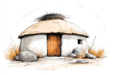 A simple 2D drawing of a traditional pigeon house, highlighted with bold outlines and subtle earth tones on a white background