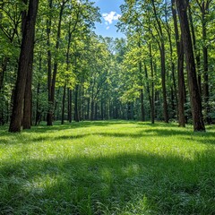 Fototapeta premium Sunlit forest clearing with lush green grass and tall trees under a blue sky