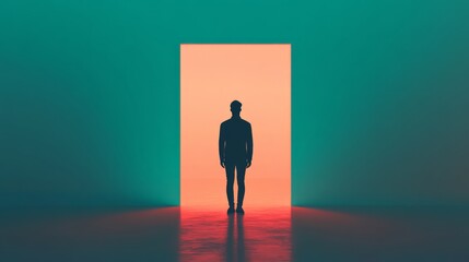 Obraz premium A solitary figure stands in front of a brightly lit door, symbolizing hope, opportunity, and new beginnings in a minimalistic and surreal environment