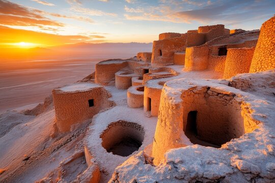 A view of Ksar Ouled Soltane in Tunisia, with its iconic stacked granaries glowing under the golden light of sunset, surrounded by vast desert landscapes