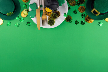 St. Patrick's Day festive table setting. Plate and cutlery, with golden coins, leprechaun pot,...