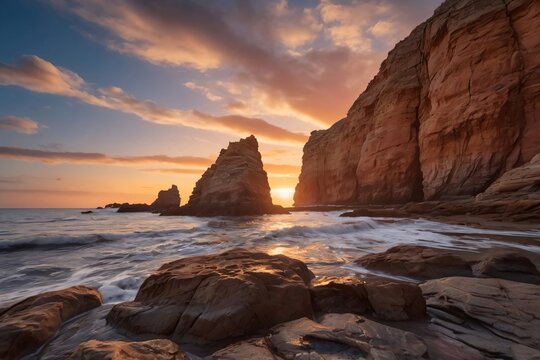 A stunning coastal landscape at sunset. The scene features rugged, reddish-brown cliffs jutting out into the calm, clear blue sea.