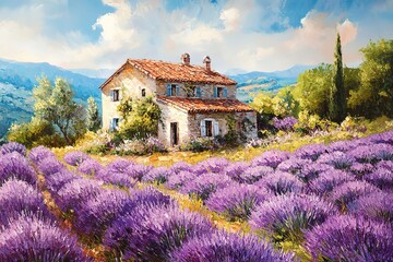 A Vibrant Impressionist Painting of a Lavender Field and French Farmhouse