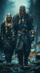 Fototapeta premium Powerful Viking warrior in full battle gear, wielding an axe and shield on a rugged battlefield, fierce expression, Norse warrior legacy, medieval warrior stance, Viking combat readiness 