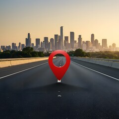 location pin on road to modern city