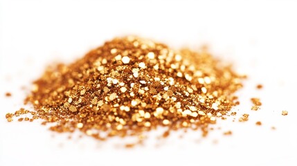 Sparkling Gold Glitter Particles Scattered on White Background
