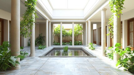 Fototapeta premium Serene Indian-Inspired Contemporary Courtyard with Skylight, Pillars, Water Feature, and Greenery Cinematic Scene
