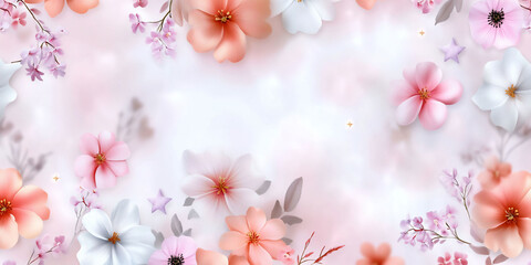 Obraz premium Soft pastel floral background with peach, pink, and white blossoms.