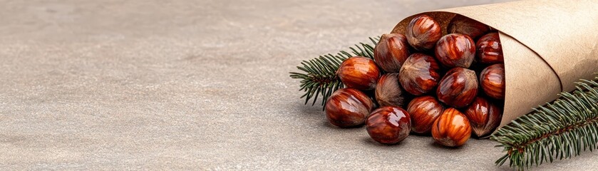 Obraz premium Freshly Harvested Chestnuts in Paper Bag with Evergreen Sprigs on Rustic Background