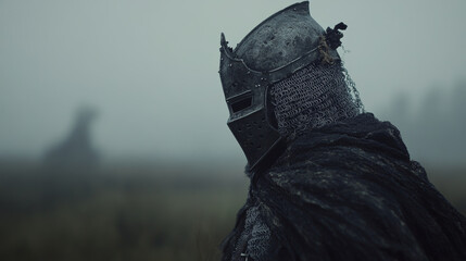 Fototapeta premium knight in weathered helmet stands in misty landscape, evoking sense of mystery and history. soft light enhances details of armor and surroundings