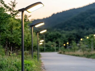 Serene Evening Walk Along a Pathway with Modern Street Lamps Illuminating the Scenic Landscape Under Soft Twilight Glow