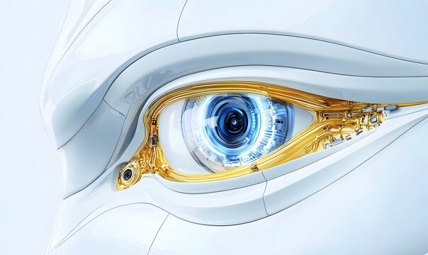 Close-up of a robotic eye with intricate gold wiring and a glowing blue iris.