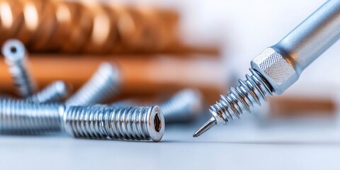 Close-up of precision metal parts and a tool.