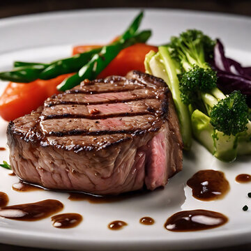Grilled steak that highlights its juicy, medium-rare interior and charred exterior, served on a white plate with colorful steamed vegetables and a rich, savory sauce, creating a mouth-watering