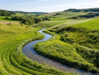 Serene meandering river flows through lush green hills and vibrant landscape beneath clear blue sky in tranquil nature scene