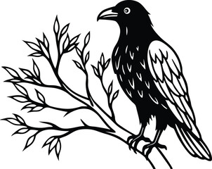 Detailed Raven on Tree Branch Vector Illustration 