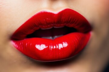 Fototapeta premium Vivid red lips glisten with shine, complementing bright white teeth in this close-up view, highlighting beauty and makeup artistry.